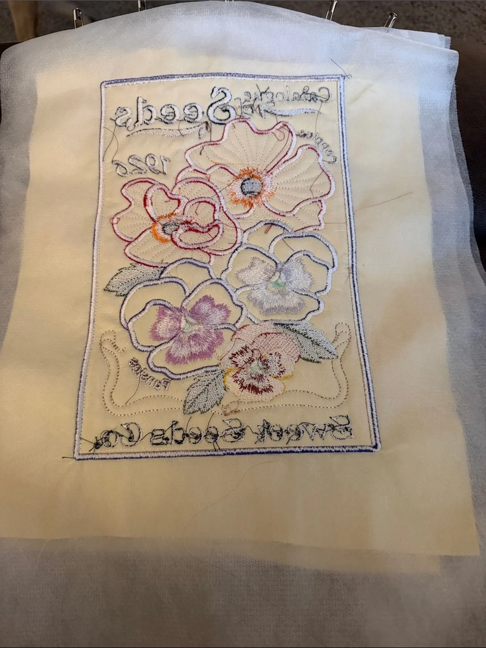Floral Seed Packet Embroidered Pillow Panel - Red & Purple Flowers